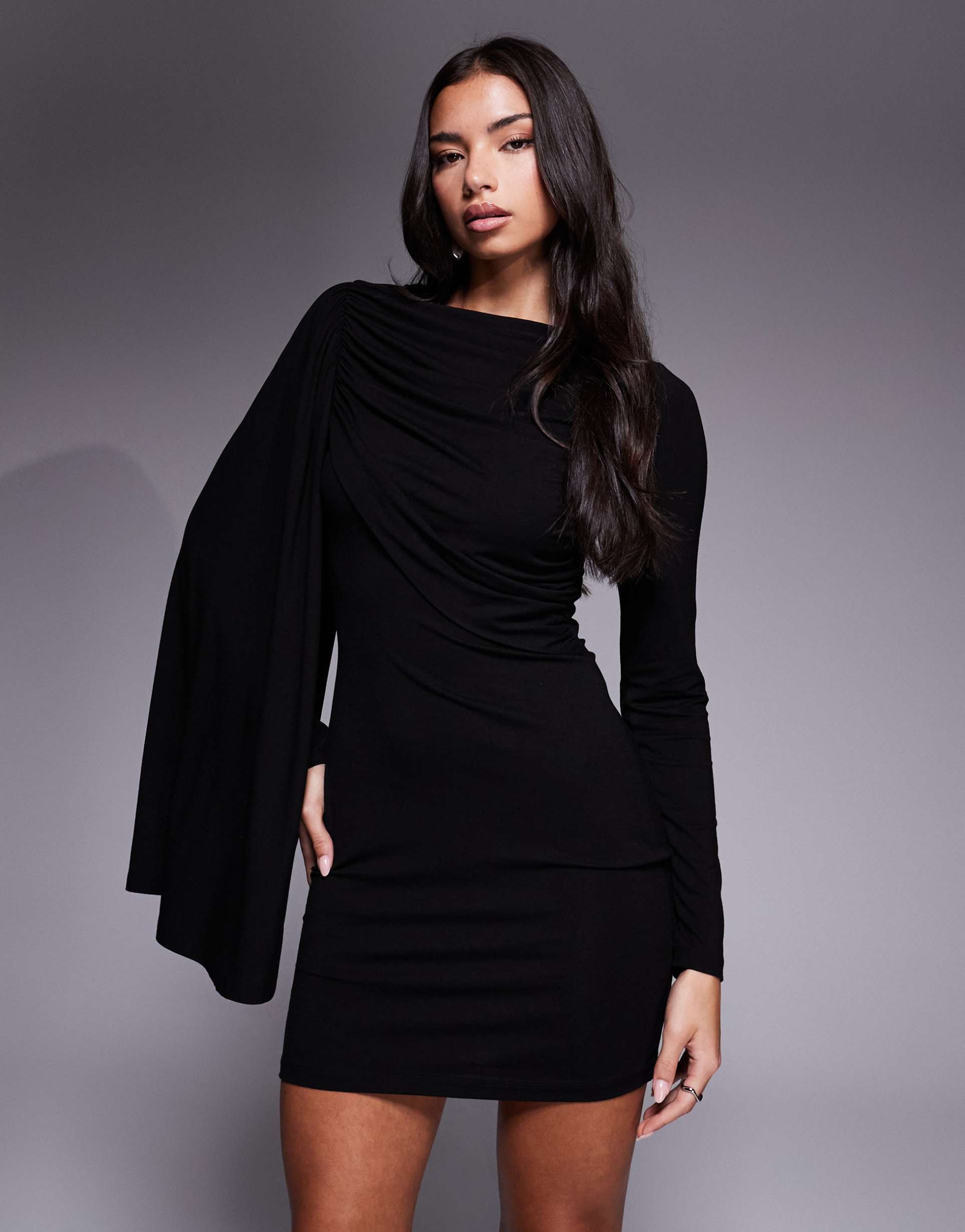 asos design scarf detail draped mini dress in black