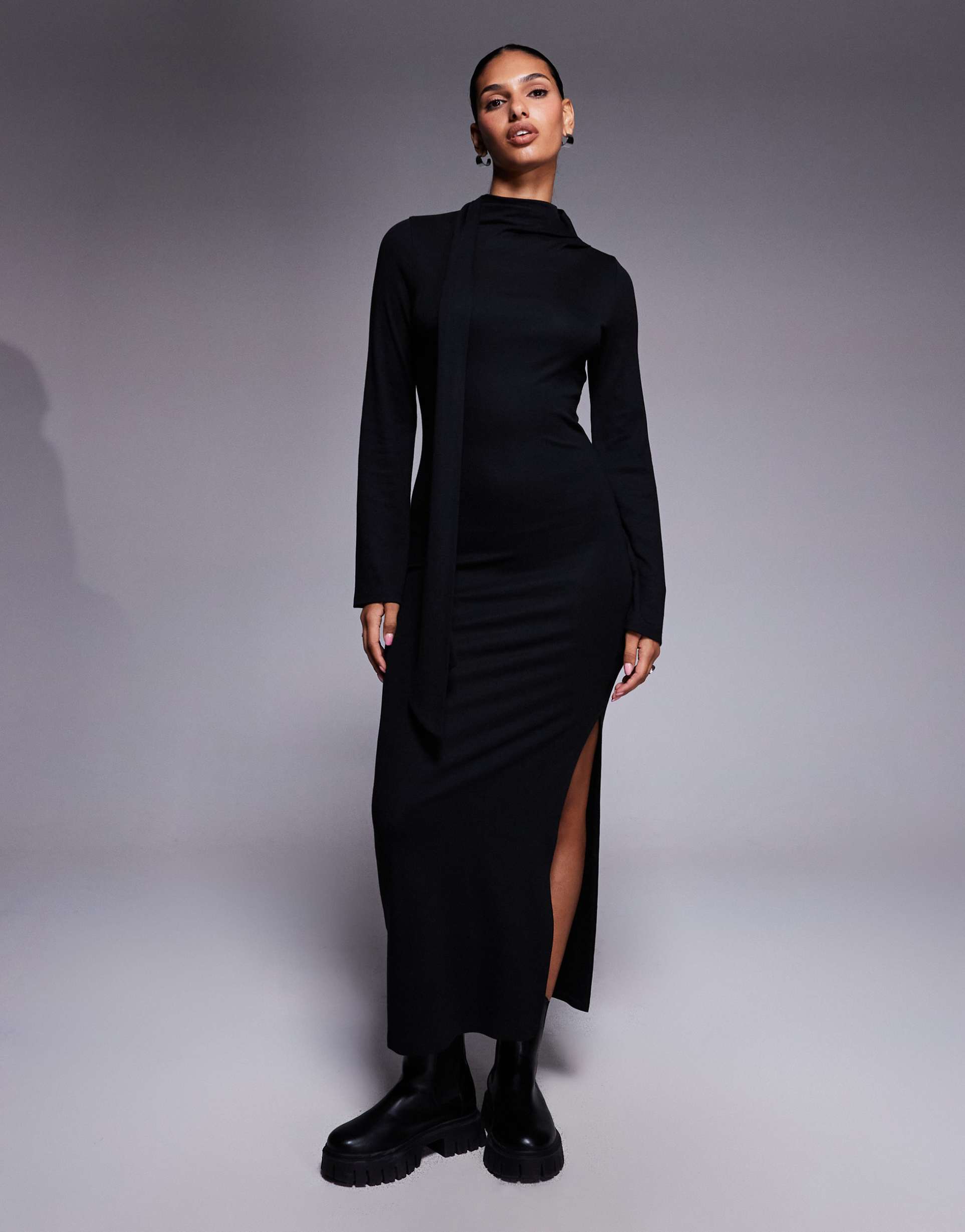 asos design scarf detail fluted sleeve midi dress in black