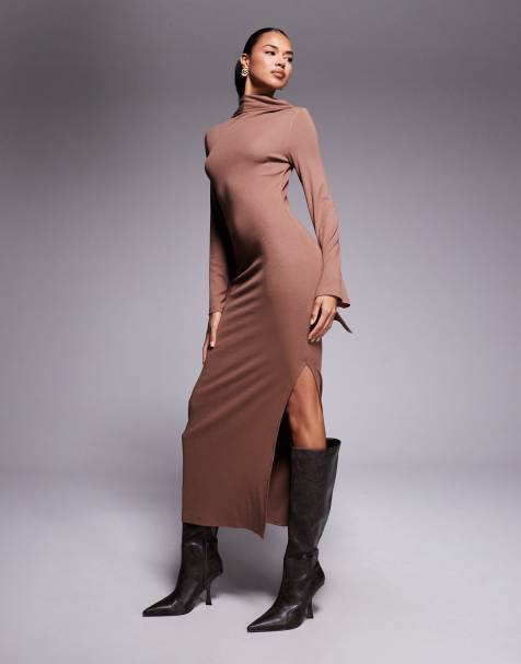 ASOS DESIGN scarf detail  fluted sleeve midi dress in brown - view 1