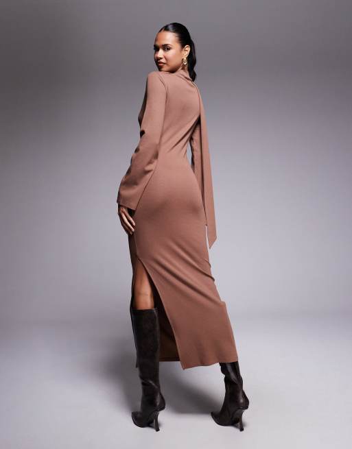 ASOS DESIGN scarf detail fluted sleeve midi dress in brown, 2 of 4