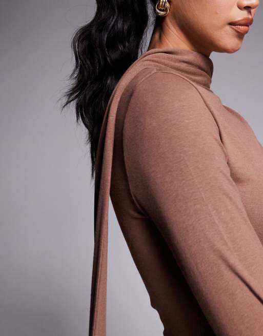 ASOS DESIGN scarf detail fluted sleeve midi dress in brown, 3 of 4