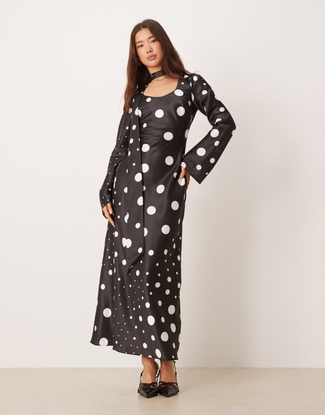 ASOS DESIGN scarf detail long sleeve maxi dress in black polka-dot print |  ASOS