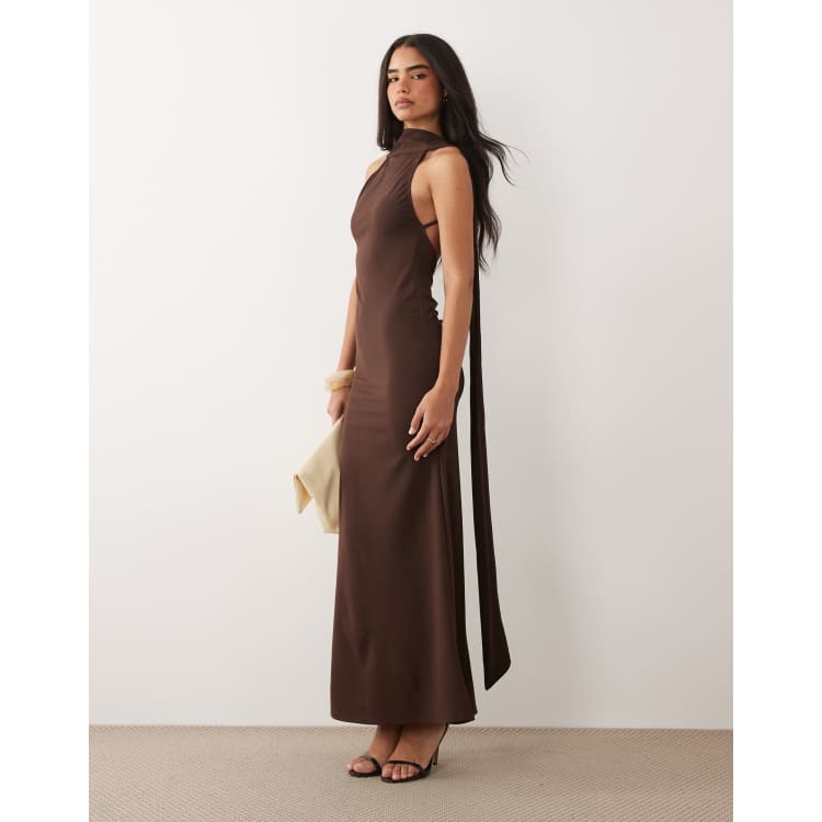 brown maxi dress with neck scarf Soleil