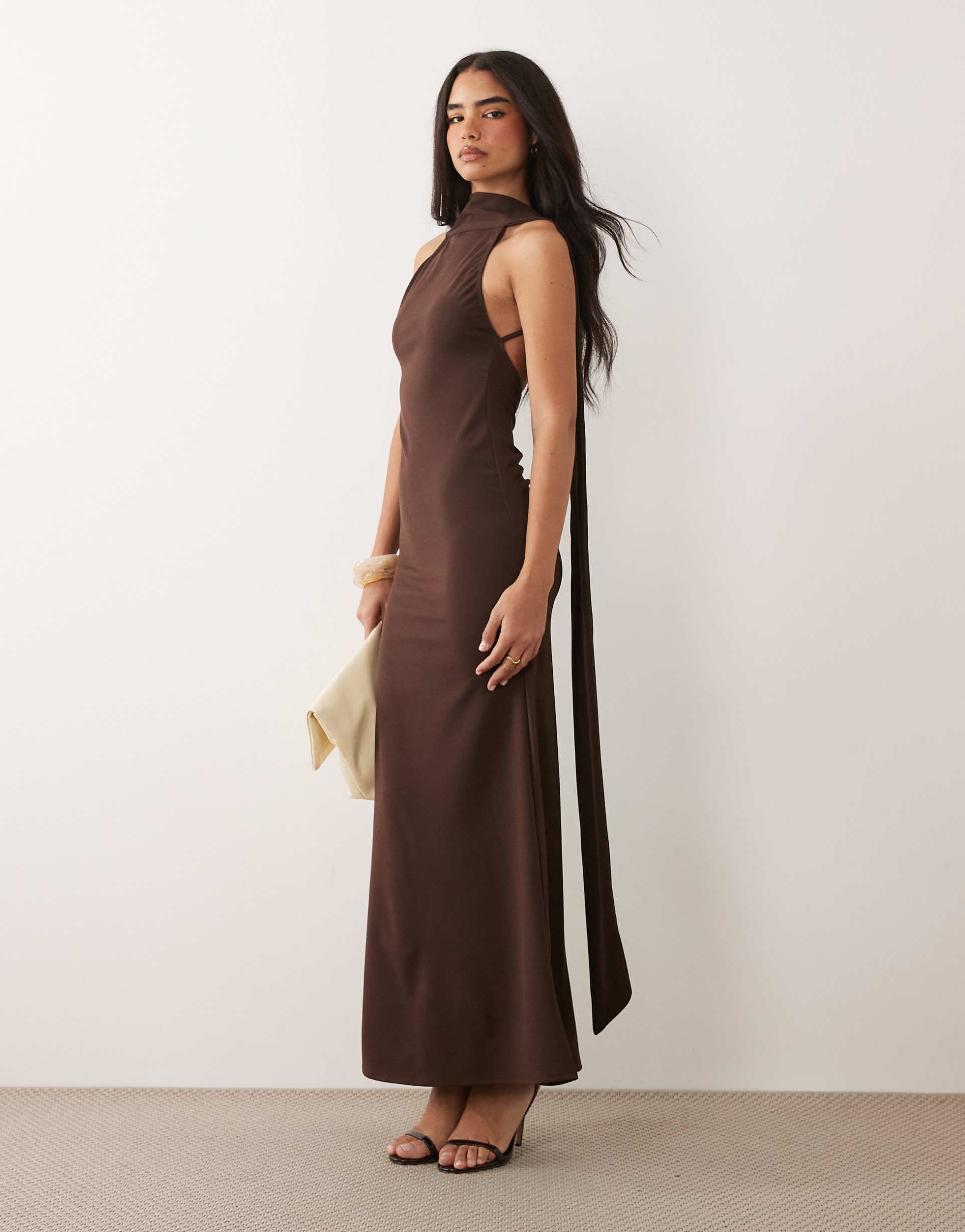 asos design scarf detail maxi dress with plunge back in chocolate brown