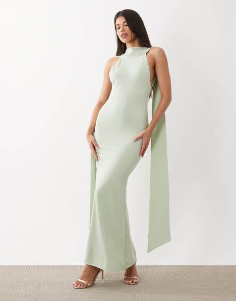 chinese dress ladies Rent Asos Design Ruched Bandeau Washed Satin Maxi Dress With Tie Detail In  Green main image 0