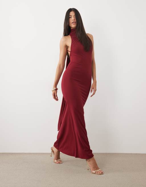 ASOS DESIGN scarf detail maxi dress with plunge back in wine, 2 of 4