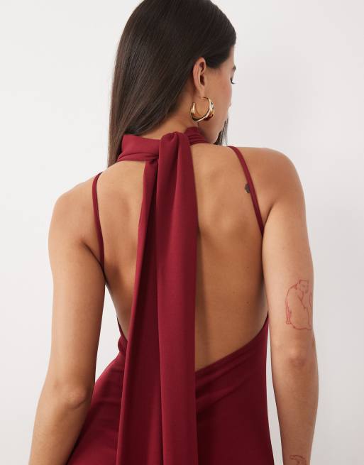 ASOS DESIGN scarf detail maxi dress with plunge back in wine, 4 of 4