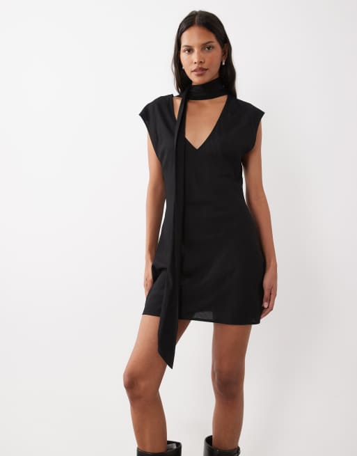 ASOS DESIGN scarf detail mini dress in black, 2 of 4