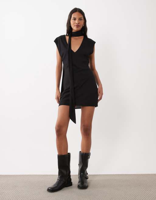 ASOS DESIGN scarf detail mini dress in black, 3 of 4