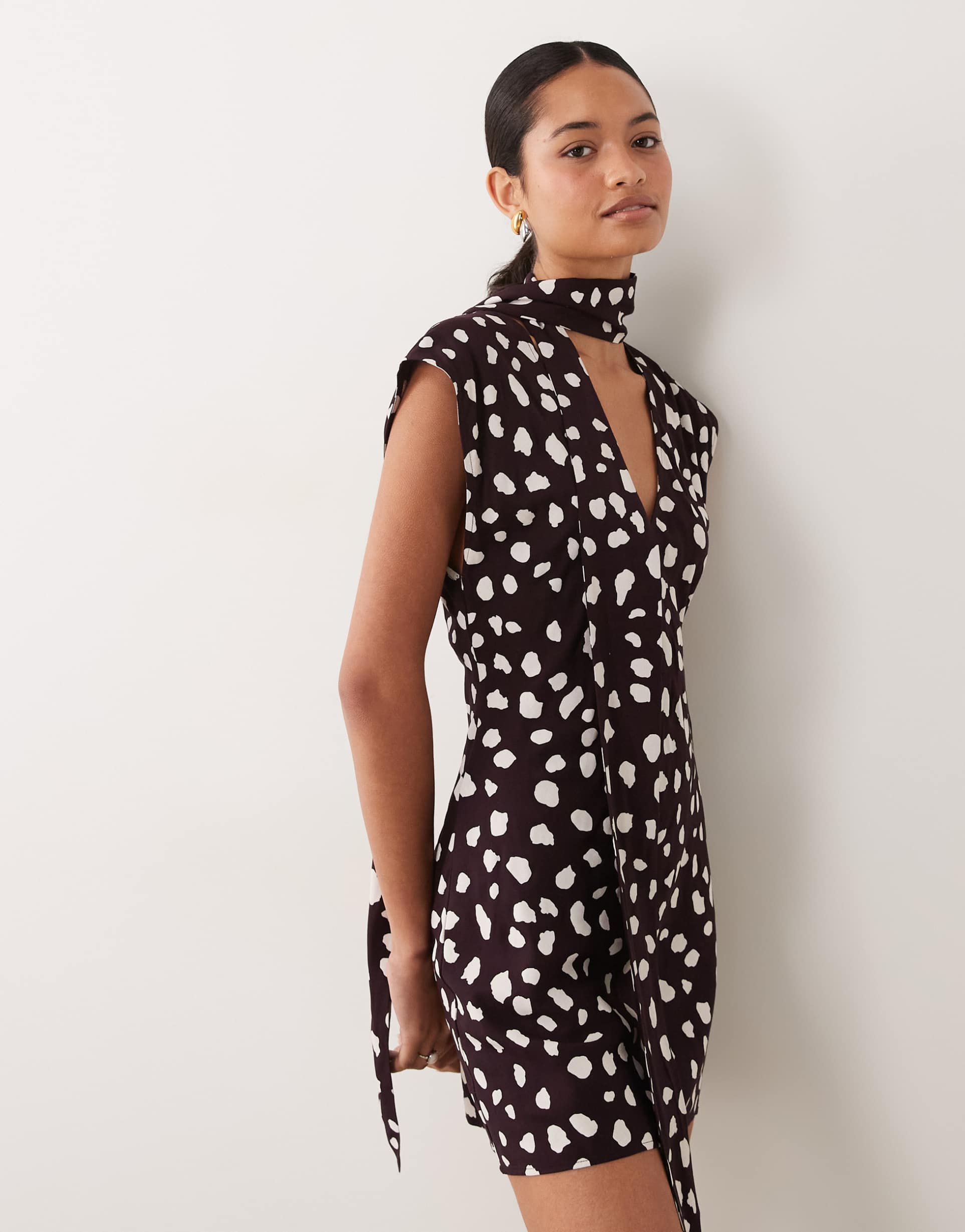 asos design scarf detail mini dress in print in mono spot