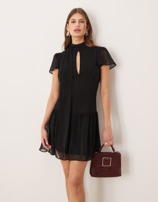 Asos Design Scarf Detail Mini Dress With Frill Hem In Black
