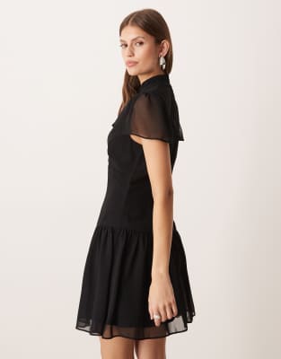 Asos Design Scarf Detail Mini Dress With Frill Hem In Black