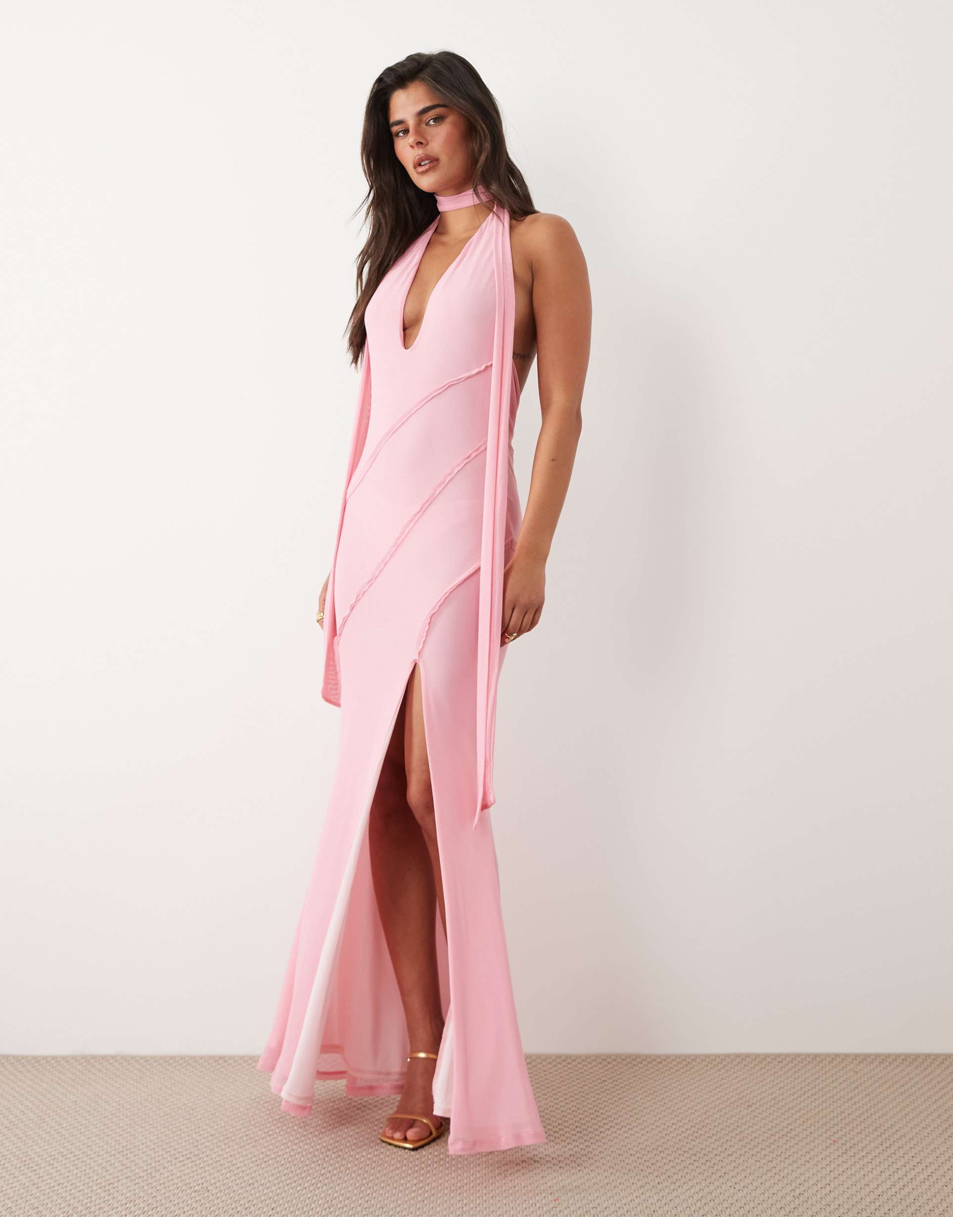 asos design scarf detail plunge halter maxi dress with raw seam details in pink