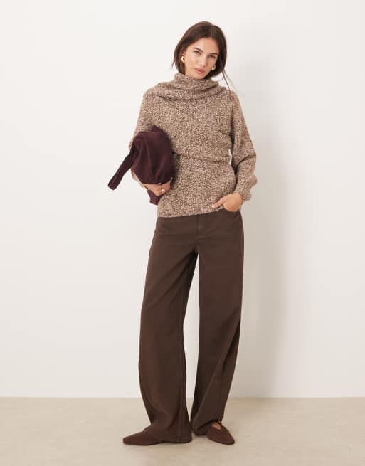 ASOS DESIGN scarf detail relaxed fit multiply sweater in brown