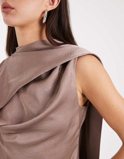 ASOS DESIGN scarf detail satin draped top in mocha