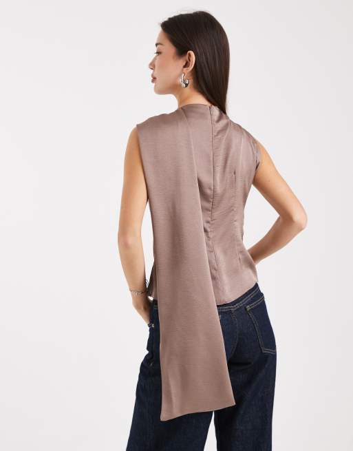 ASOS DESIGN scarf detail satin draped top in mocha
