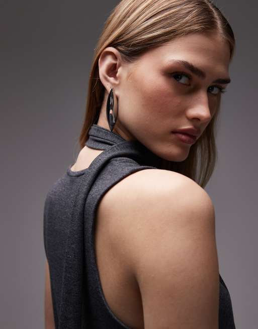 ASOS DESIGN scarf detail scoop neck tank top in charcoal