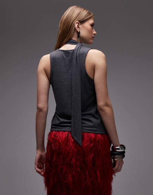 ASOS DESIGN scarf detail scoop neck tank top in charcoal