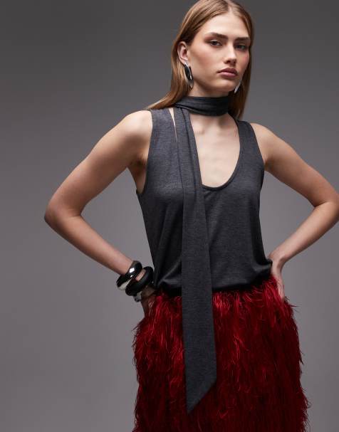 ASOS DESIGN scarf detail scoop tank top in charcoal