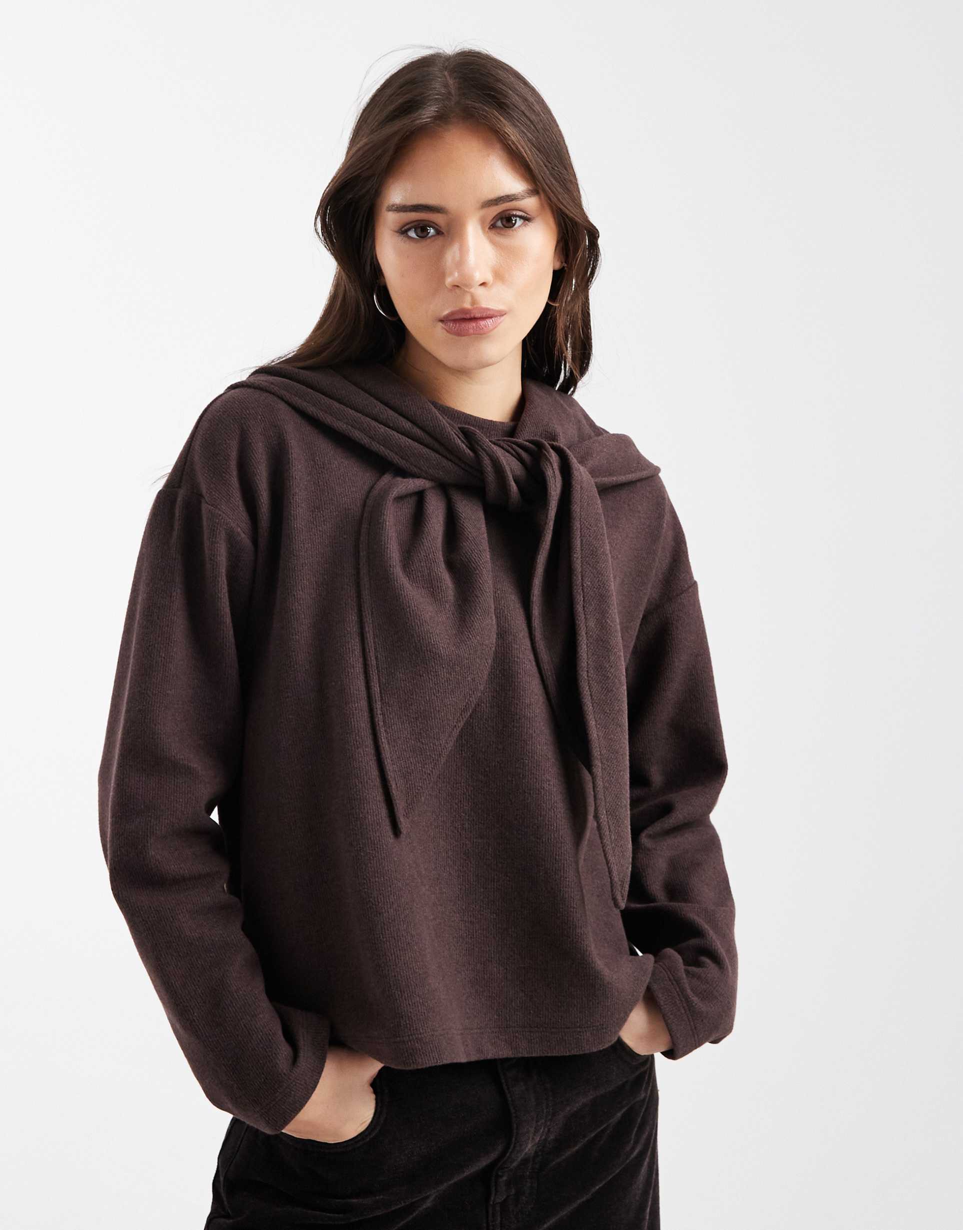 asos design scarf detail supersoft long sleeve top in brown