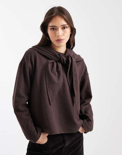 ASOS DESIGN scarf detail supersoft long sleeve top in brown