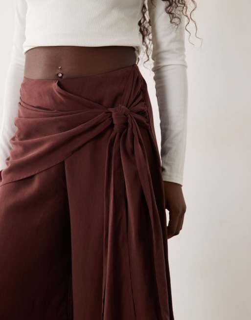 ASOS DESIGN scarf detail wide leg pants in chocolate, 3 of 5