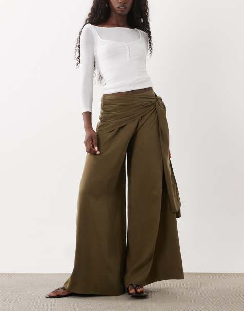 ASOS DESIGN scarf detail wide leg pants in khaki - view 1