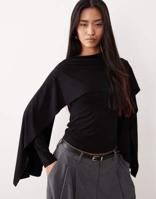 Asos Design Scarf Drape Detail Long Sleeve Top In Black