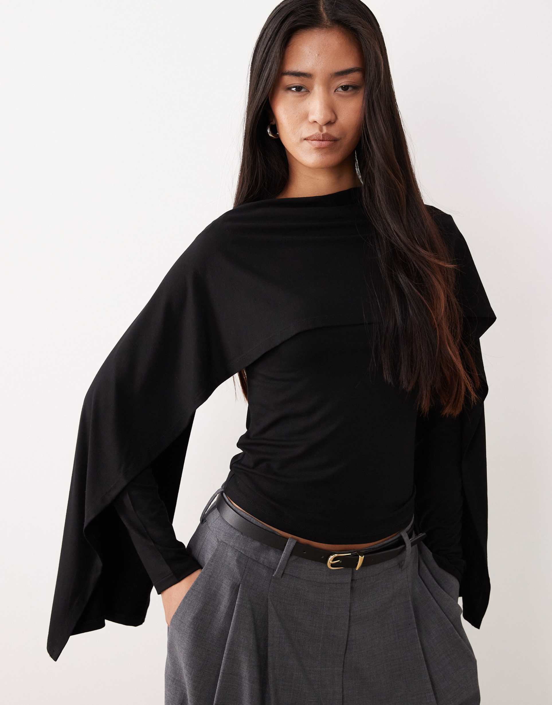 asos design scarf drape detail long sleeve top in black