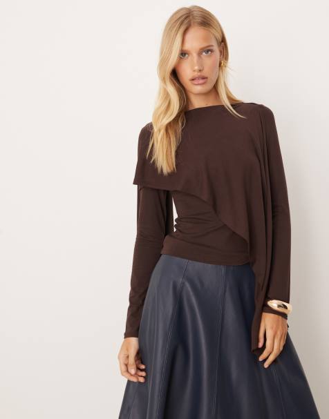 ASOS DESIGN scarf drape detail long sleeve top in brown - view 1