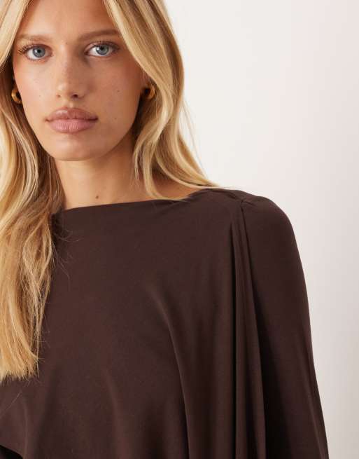 ASOS DESIGN scarf drape detail long sleeve top in brown