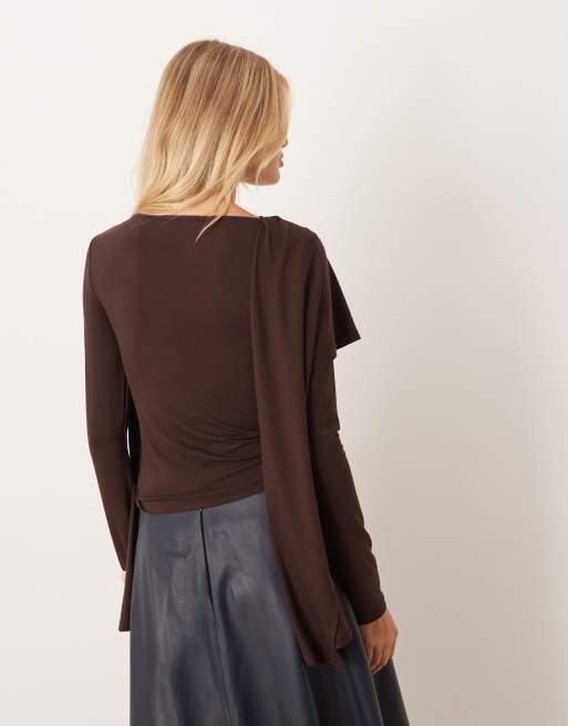 ASOS DESIGN scarf drape detail long sleeve top in brown