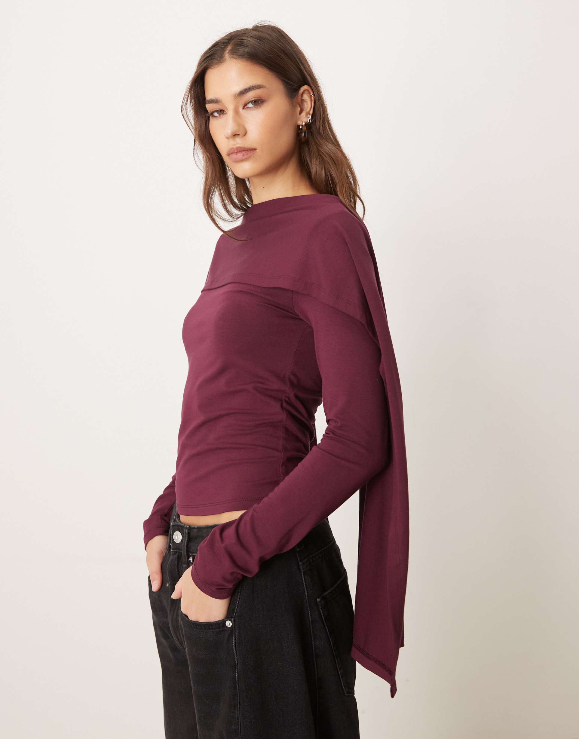 asos design scarf drape detail long sleeve top in fig