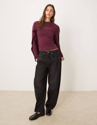 Asos Design Scarf Drape Detail Long Sleeve Top In Purple