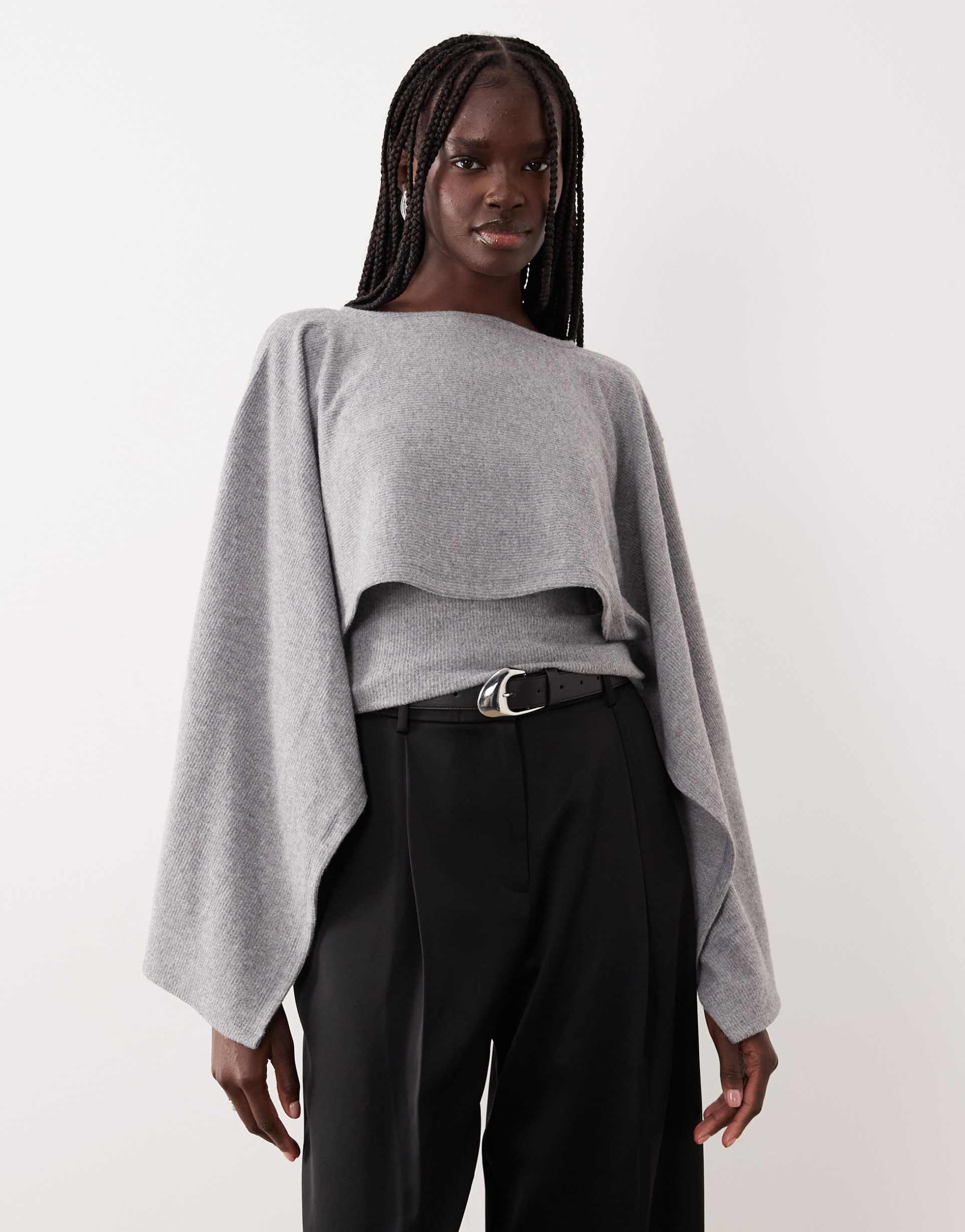 asos design scarf drape detail long sleeve top in gray heather