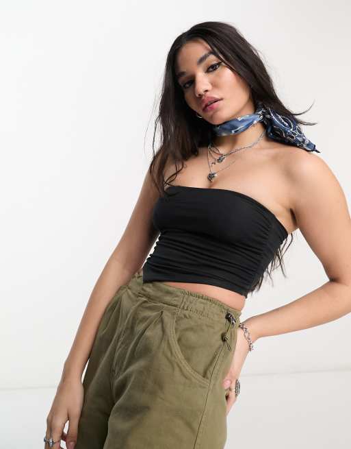 ASOS DESIGN scarf hem bandeau top with ruched sides in black