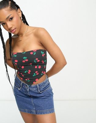 Asos Design Scarf Hem Bandeau Top With Ruched Sides In Cherry Print-multi