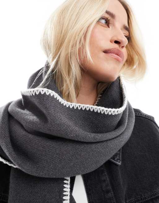ASOS DESIGN scarf in charcoal and white stab stitch tipping | ASOS