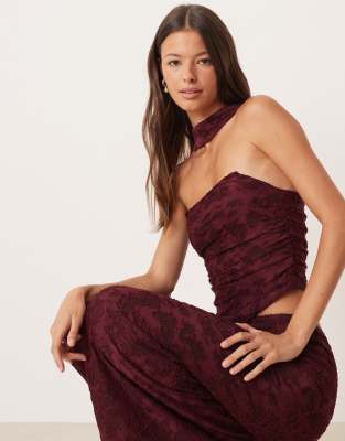 ASOS DESIGN scarf neck bandeau top in wine burnout floral - part of a set-Red