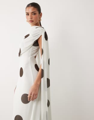 Asos Design Scarf Neck Mono Spot Maxi Dress In White