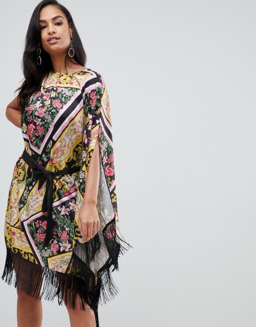 ASOS DESIGN scarf print satin cape midi dress with self tie belt