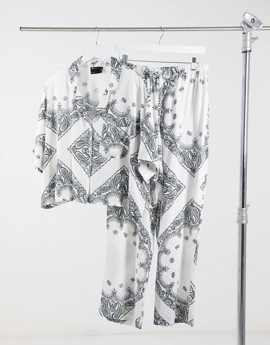 ASOS DESIGN scarf print short sleeve shirt & pants pajama set in white
