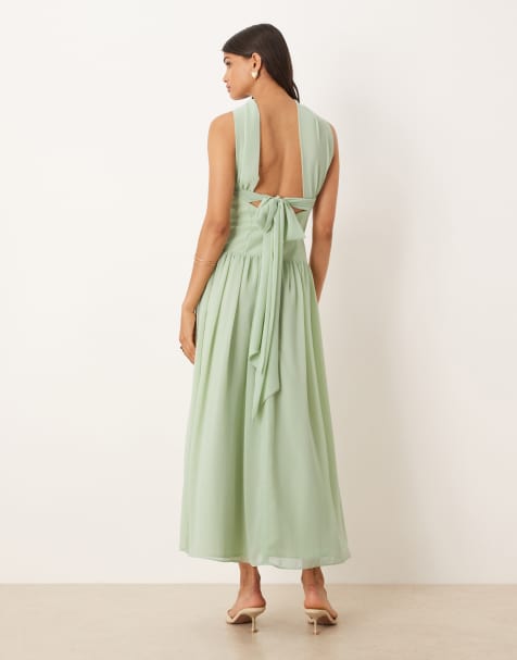 ASOS DESIGN scarf tie back drop waist midi dress in sage green - view 1