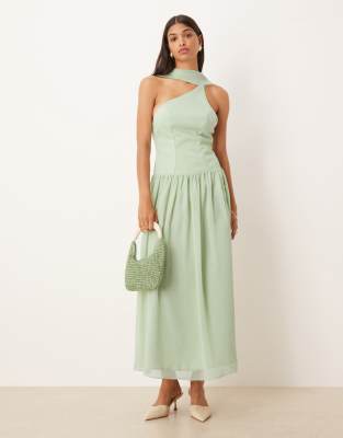 Asos Design Scarf Tie Back Dropped Waist Midi Dress In Green