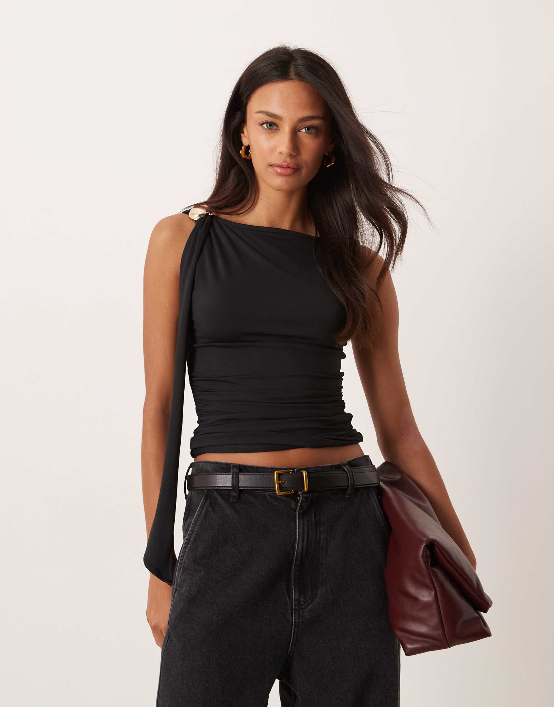 asos design scarf top with hardware trim in black