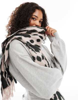 ASOS DESIGN scarf with leopard jacquard in light pink and charcoal-Multi