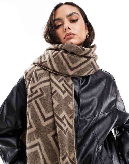 ASOS DESIGN scarf with monogram jacquard in neutral tones, 2 of 3