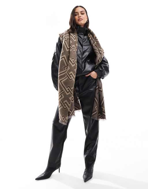 ASOS DESIGN scarf with monogram jacquard in neutral tones, 3 of 3