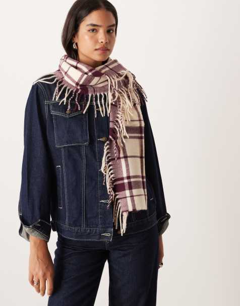 ASOS DESIGN scarf with side fringing in cream and burgundy check - view 1