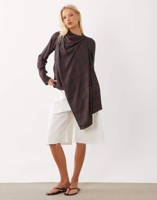 ASOS DESIGN scarf wrap top in check, 2 of 4